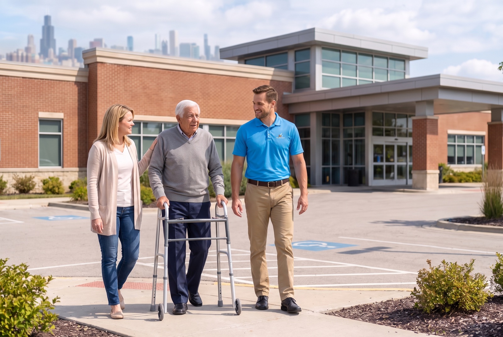 A senior client walks with his walker outside a medical office, his daughter at his side and a Rainbow Road Transportation Specialist beside them, the Chicago skyline beyond