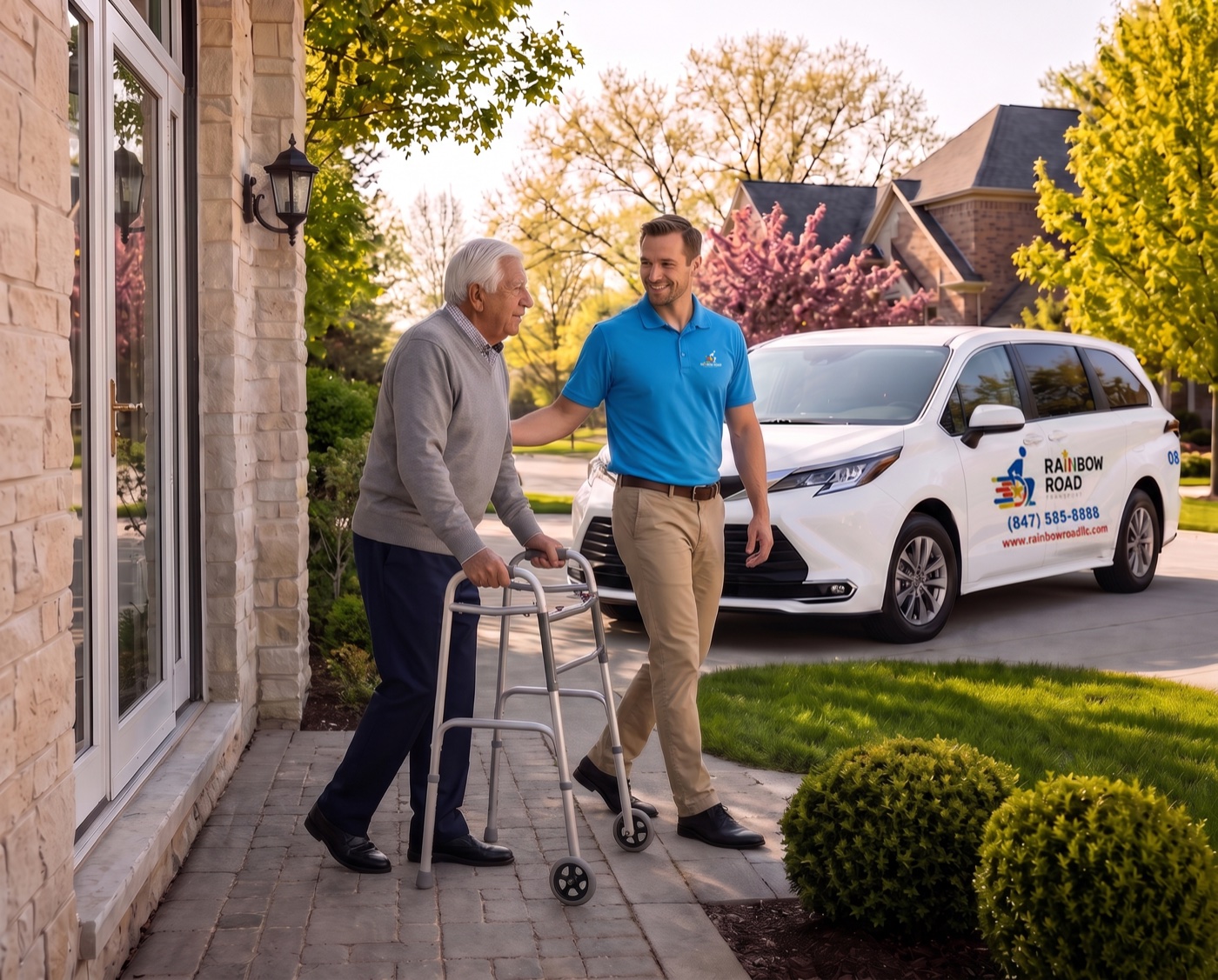A Rainbow Road Transport Specialist smiles with an older client using a walker at the client’s front door, the branded van waiting in the driveway.