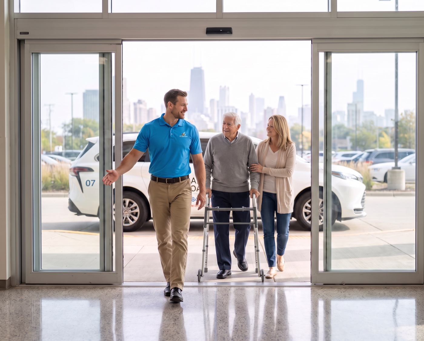 A Rainbow Road Transportation Specialist leads a senior client on his walker, his daughter at his side, in through the hospital's glass entrance doors, the Rainbow Road van parked at the curb and the Chicago skyline beyond