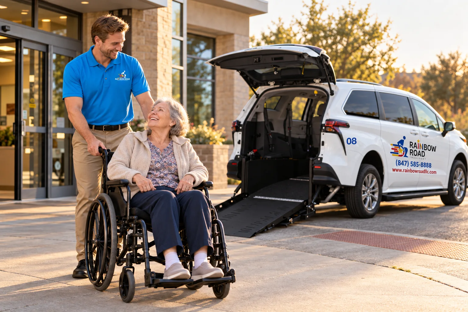 A Rainbow Road Transport Toyota Sienna with its rear ramp deployed outside a clinic entrance, a Transportation Specialist pushing a smiling client in a wheelchair