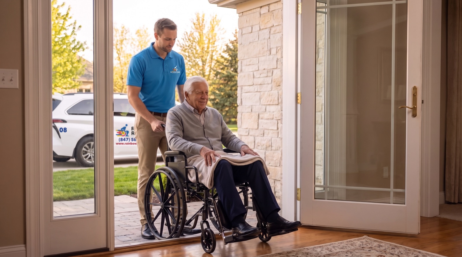 A Transportation Specialist pushes a smiling older man in a wheelchair halfway through the front door of his home