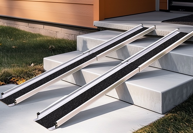 A pair of portable wheelchair ramps set over the concrete front steps of a home