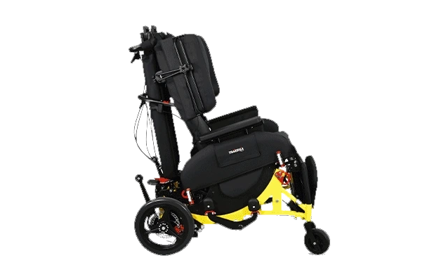 The cushioned transport chair reclining from upright to lie-flat, with the footrest rising to support the legs