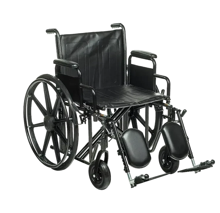 A heavy-duty bariatric wheelchair with a wide padded seat, reinforced frame, and elevating leg rests