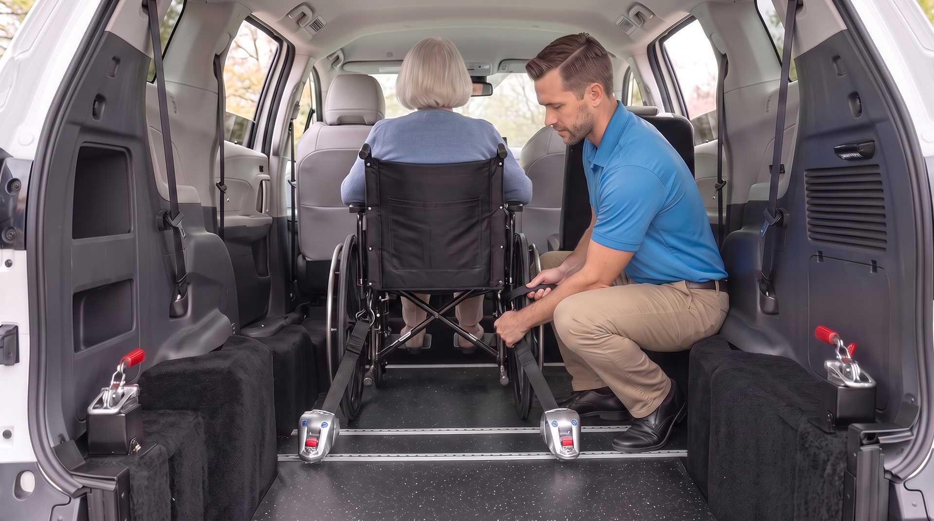 Seen from the rear hatch: a Transportation Specialist fastens the four-point tie-downs on a client’s wheelchair, centered in the van’s cabin